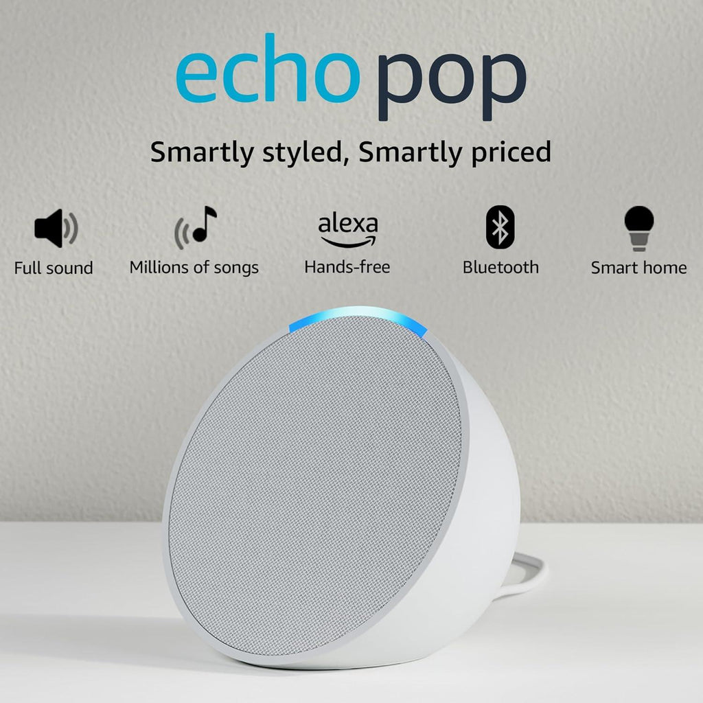 Amazon Echo Pop| Smart speaker with Alexa and Bluetooth| Full sound, balanced bass, crisp vocals| White