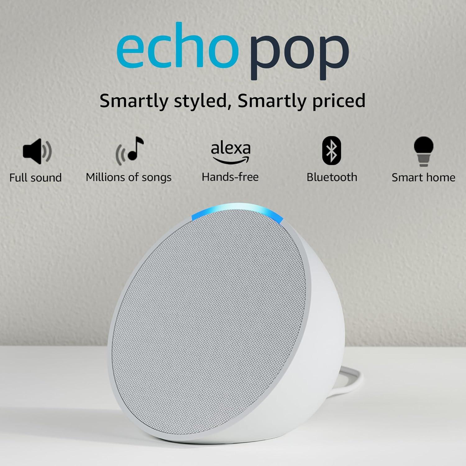 Amazon Echo Pop| Smart speaker with Alexa and Bluetooth| Full sound, balanced bass, crisp vocals| White